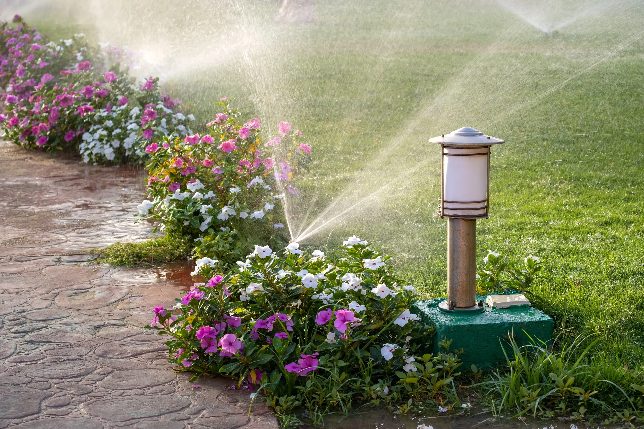 plastic-sprinkler-irrigating-flower-bed-on-grass